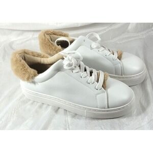 Qupid Women's Faux Fur Trim Lace-up Platform Sneakers - White - Size 8